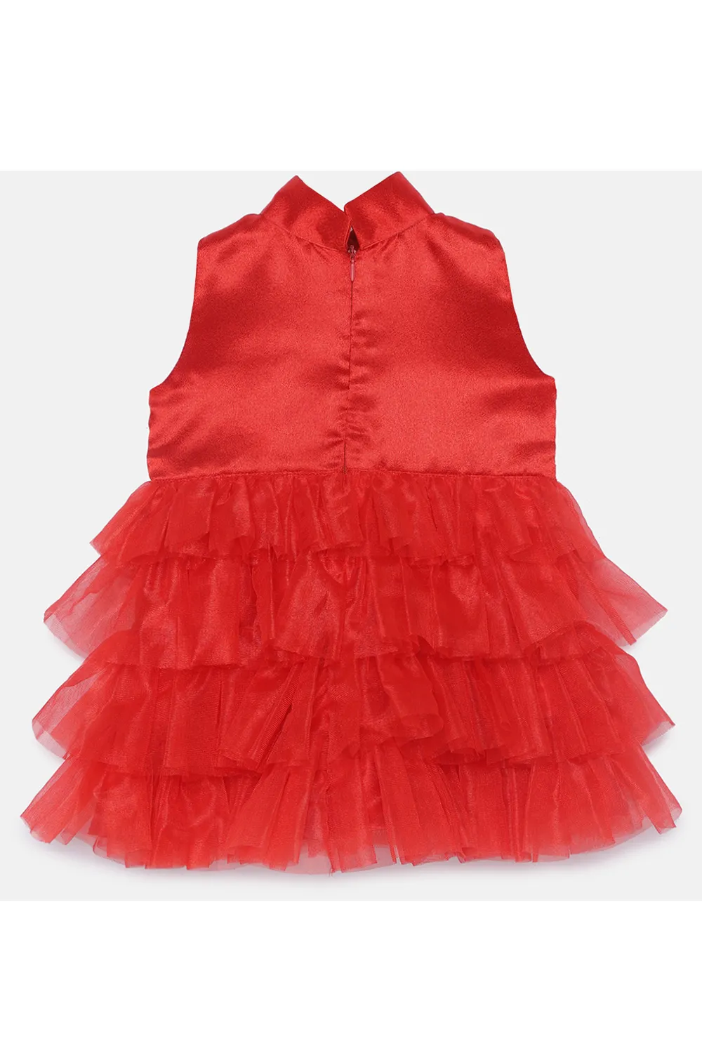 Red high neck golden bow on the front tiered dress