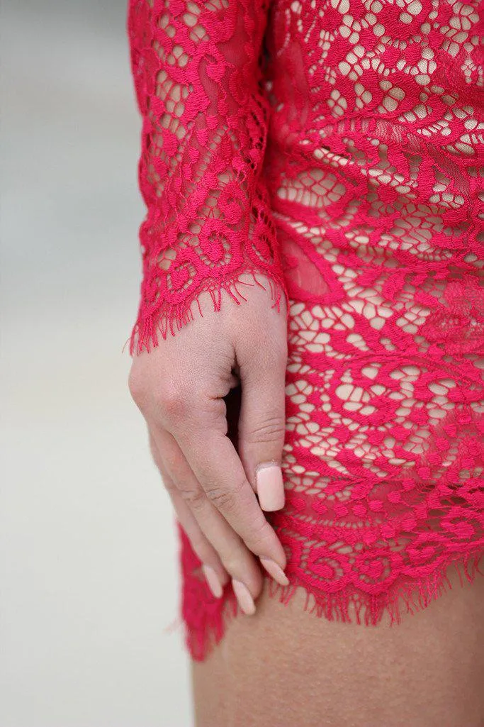 Red Lace Short Dress with Open Back