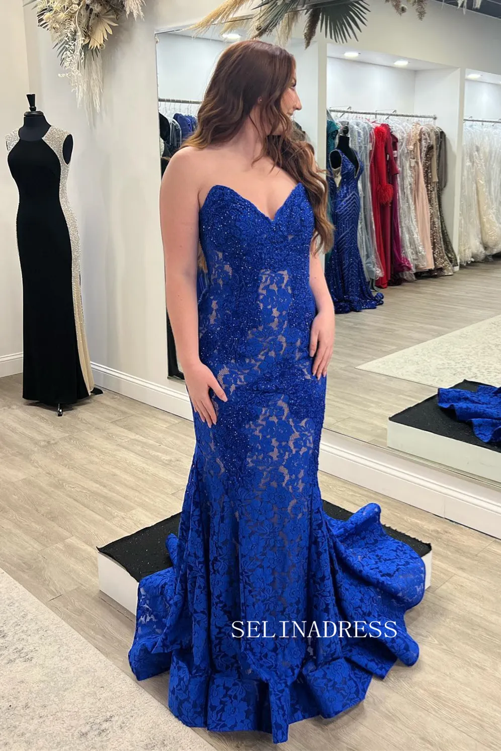 Royal Blue Lace Strapless Beaded Mermaid Long Prom Dress sew0621