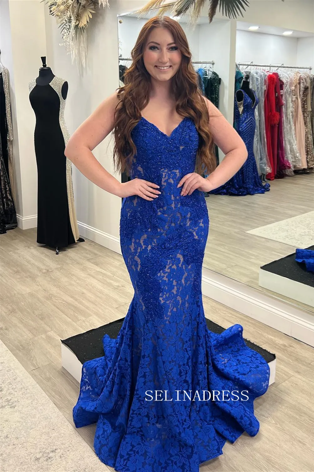 Royal Blue Lace Strapless Beaded Mermaid Long Prom Dress sew0621