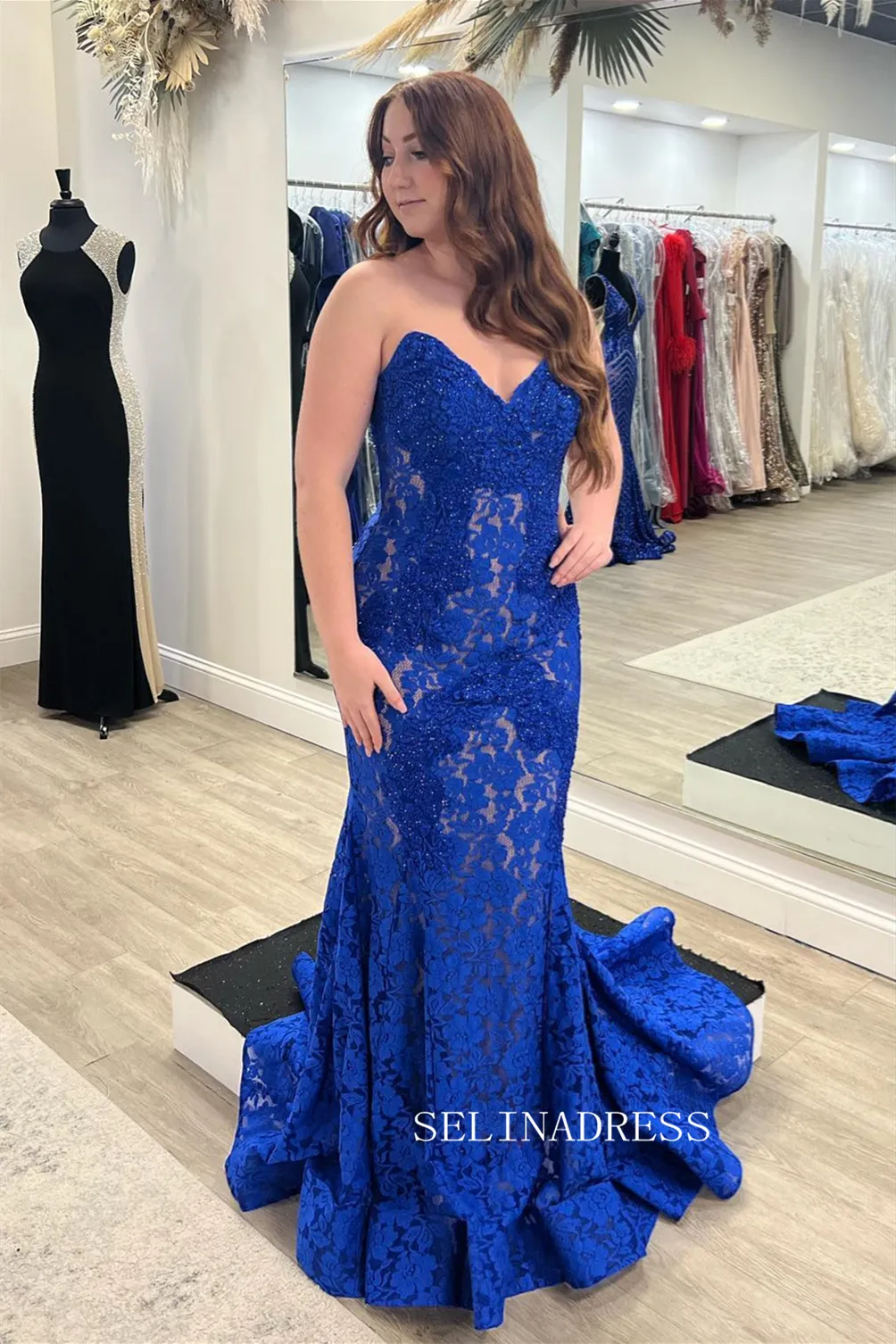 Royal Blue Lace Strapless Beaded Mermaid Long Prom Dress sew0621