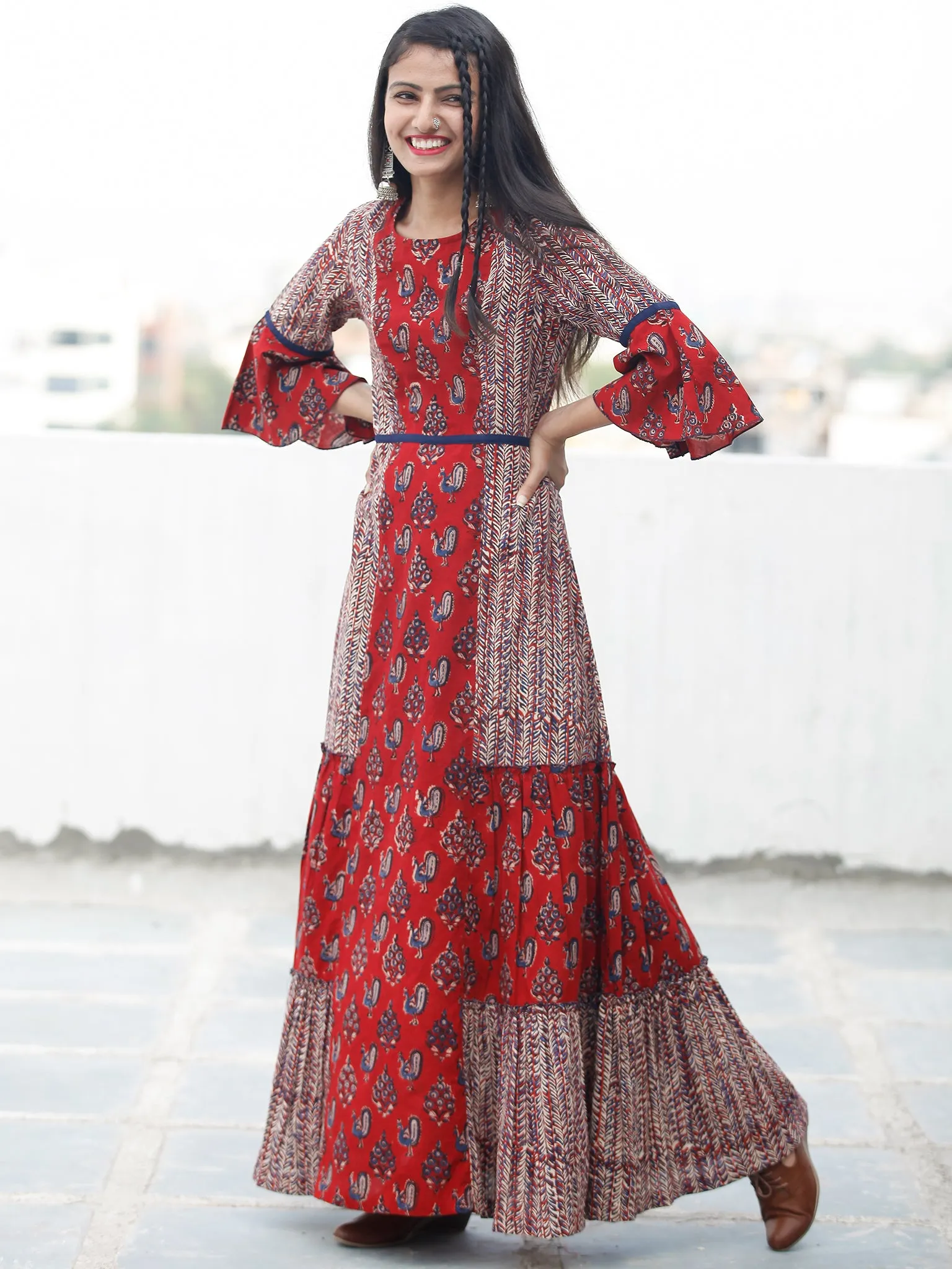 RUSTIC PEACOCK - Hand Block Printed Long Cotton Dress - D342F1808