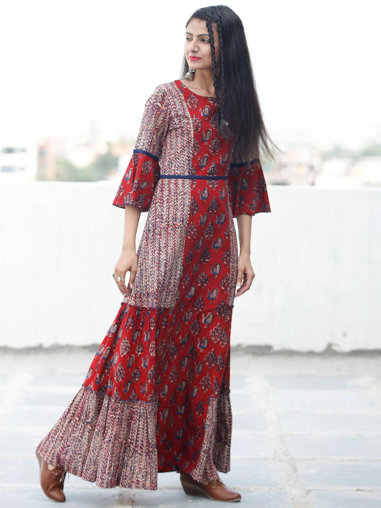 RUSTIC PEACOCK - Hand Block Printed Long Cotton Dress - D342F1808
