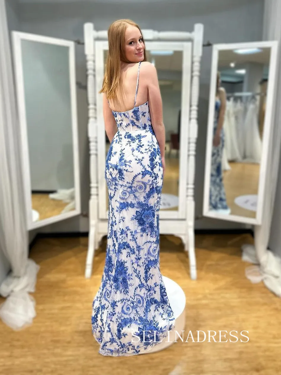 Sheath/Column Spaghetti Straps Blue Embroidery Flower Lace Long Prom Dress With Slit lps021