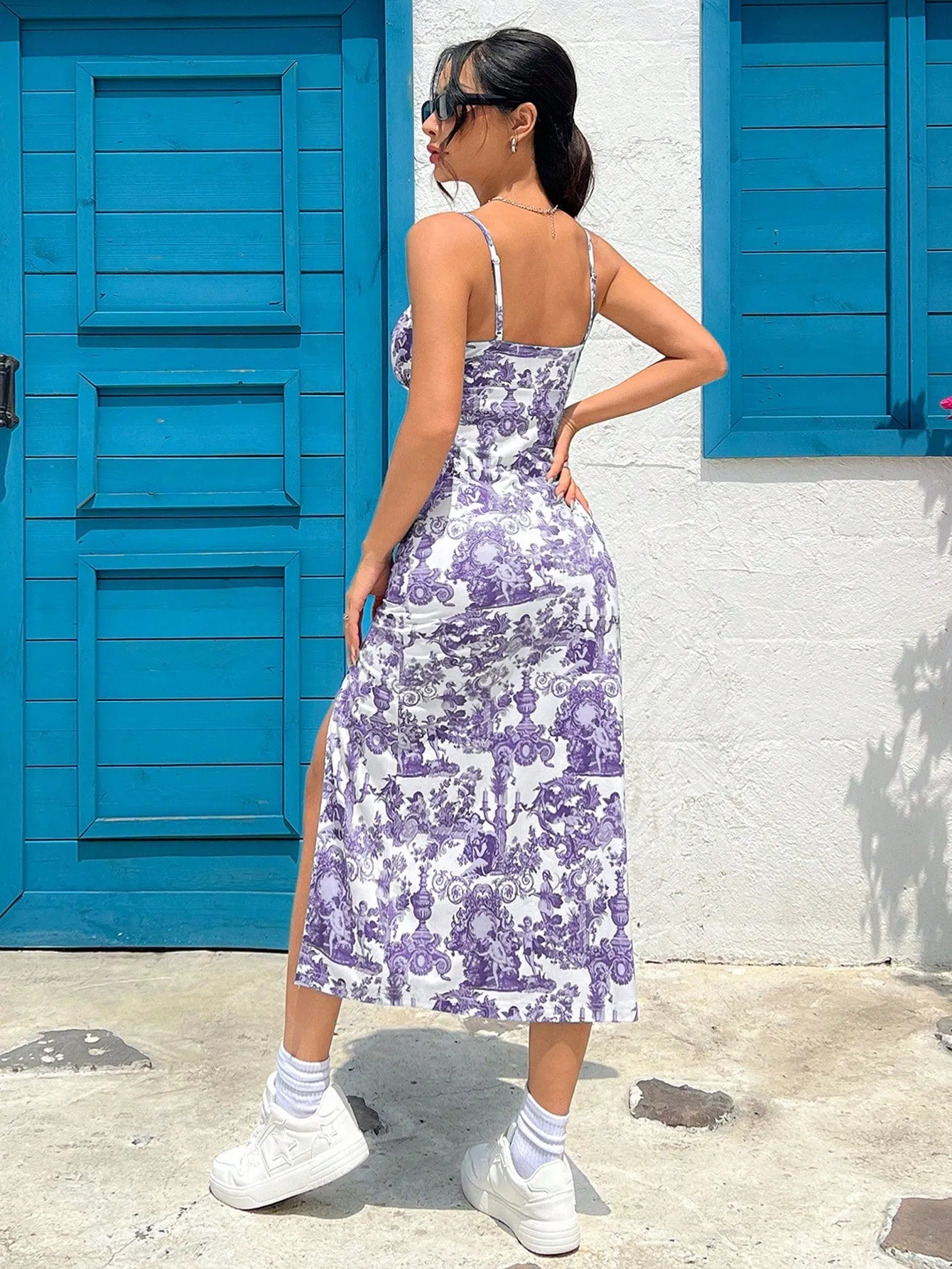 SHEIN EZwear Women's Floral Allover Print Spaghetti Strap Slit Pink Dress