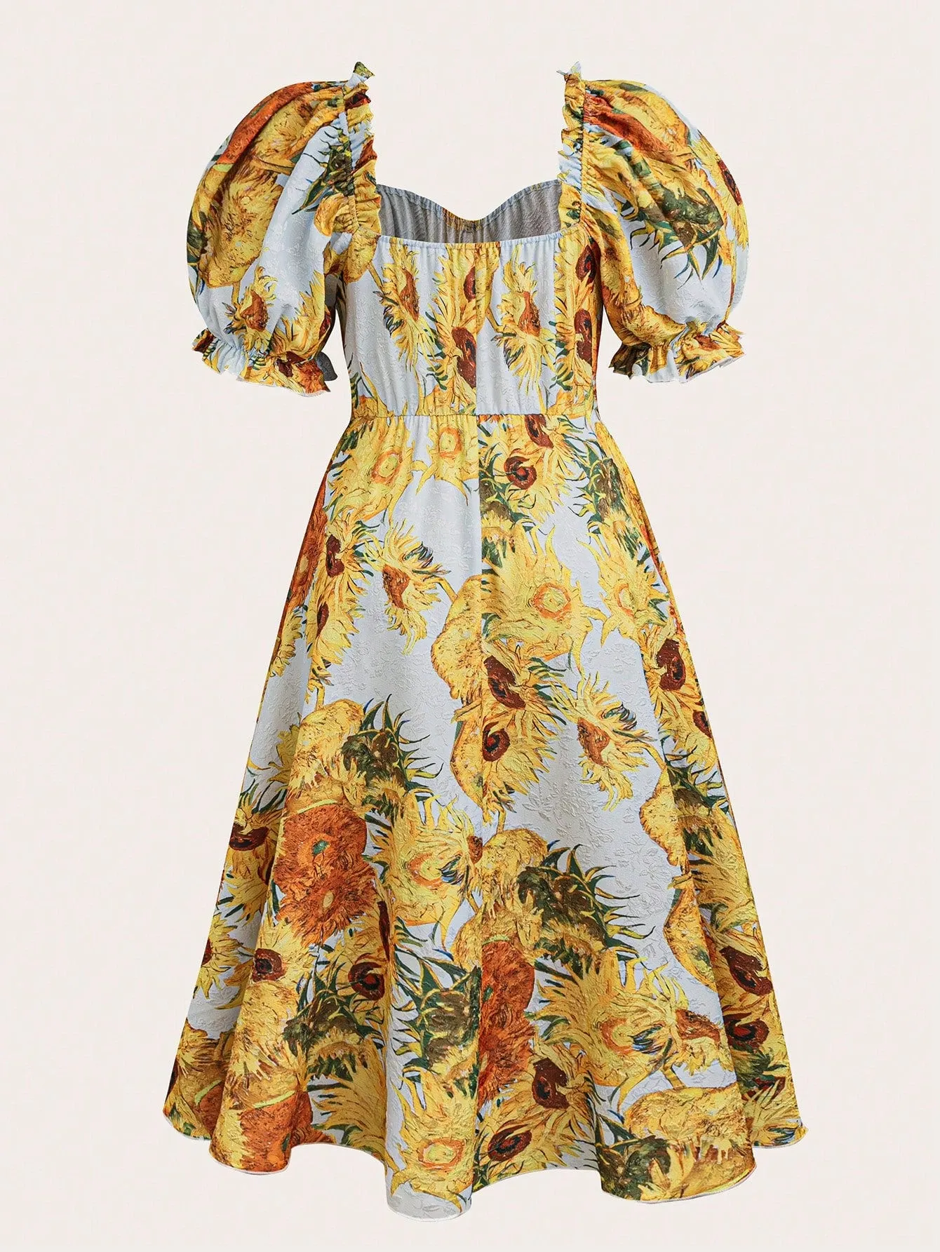 SHEIN Frenchy Plus Size Summer Fashion Sunflower Print Puff Sleeve Dress