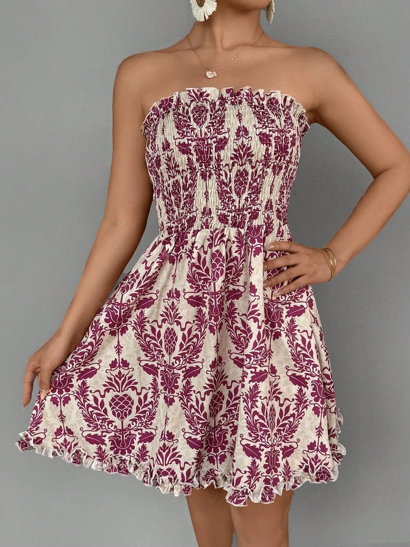 SHEIN VCAY Women's Vintage Printed Holiday Style Bandeau Dress