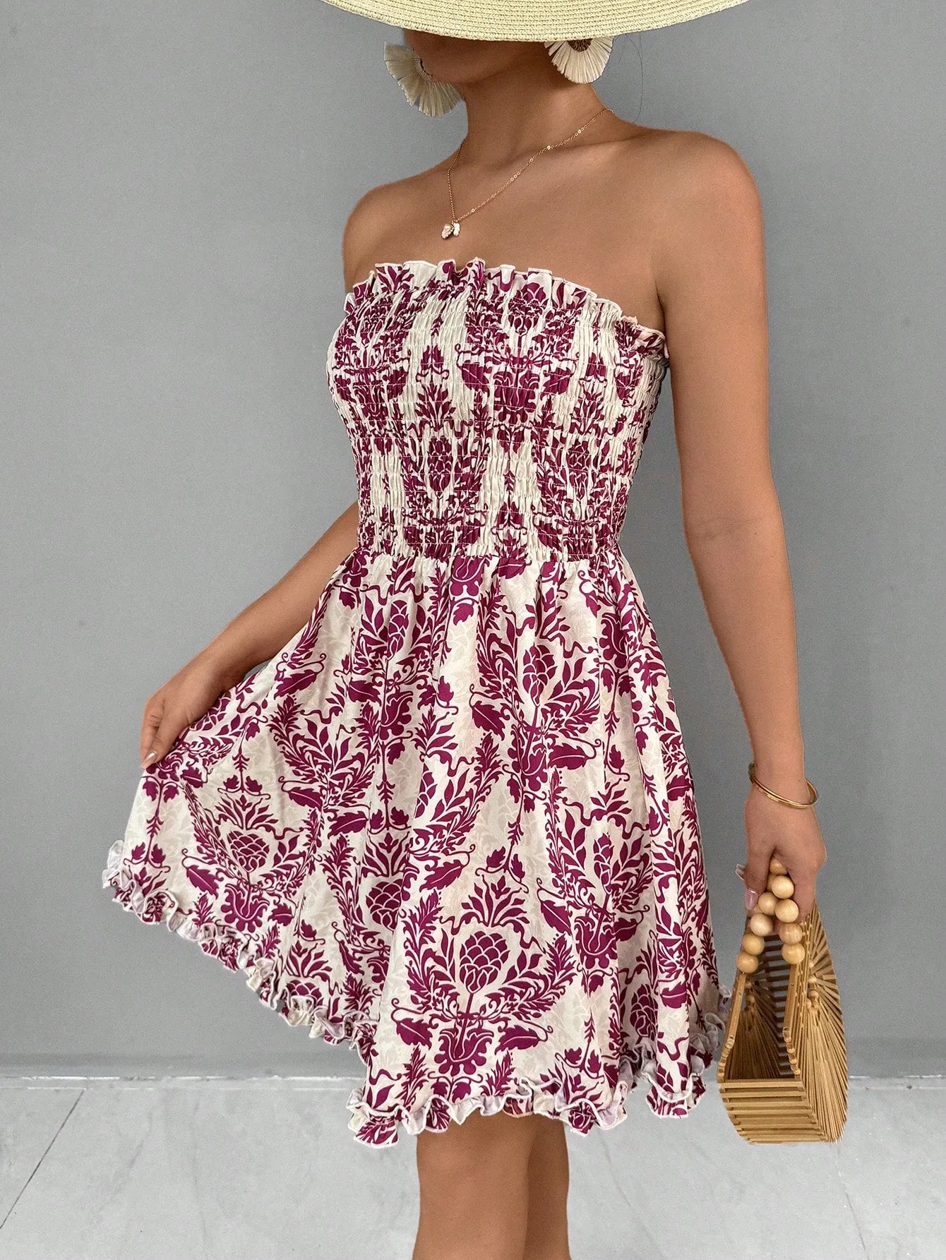 SHEIN VCAY Women's Vintage Printed Holiday Style Bandeau Dress