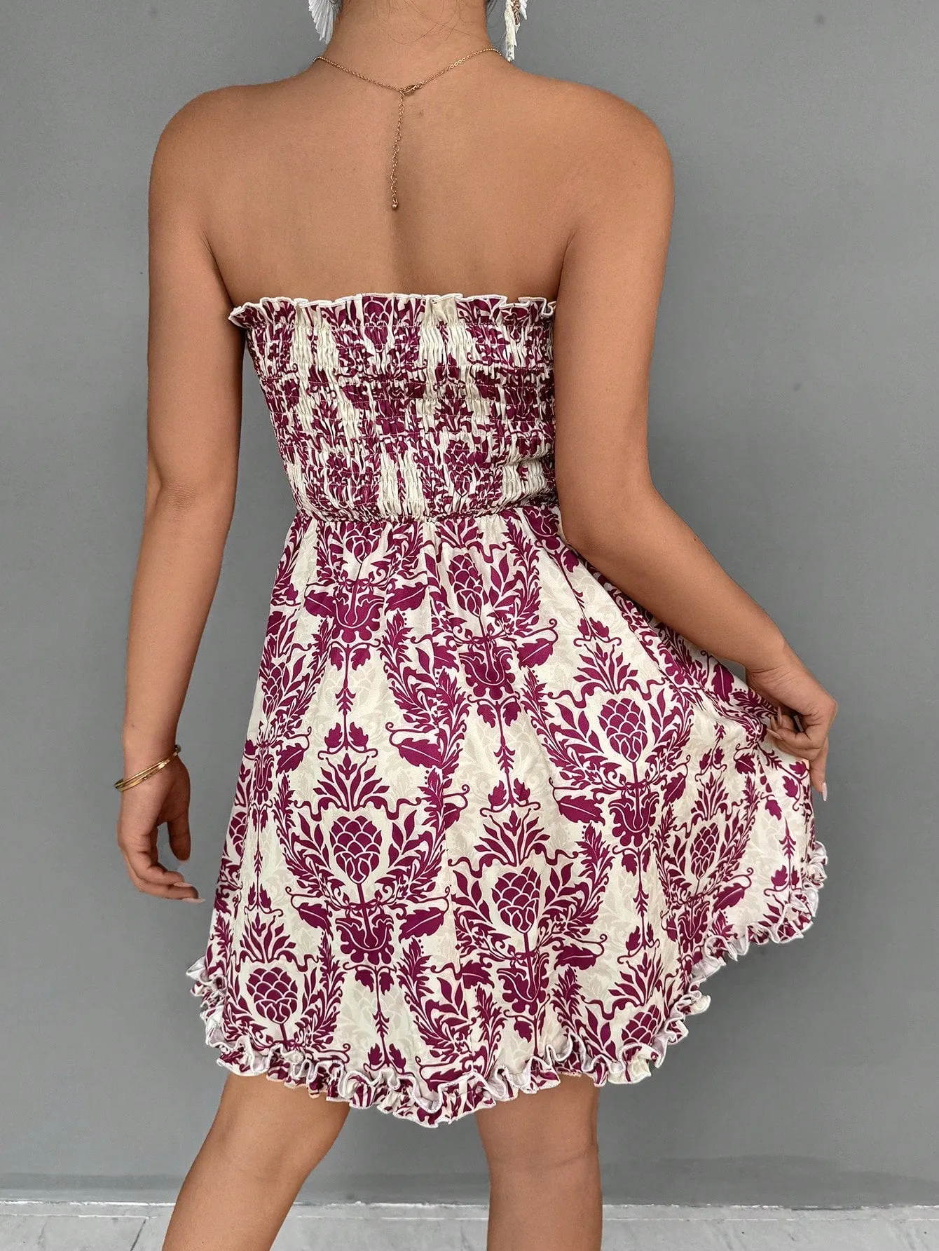 SHEIN VCAY Women's Vintage Printed Holiday Style Bandeau Dress