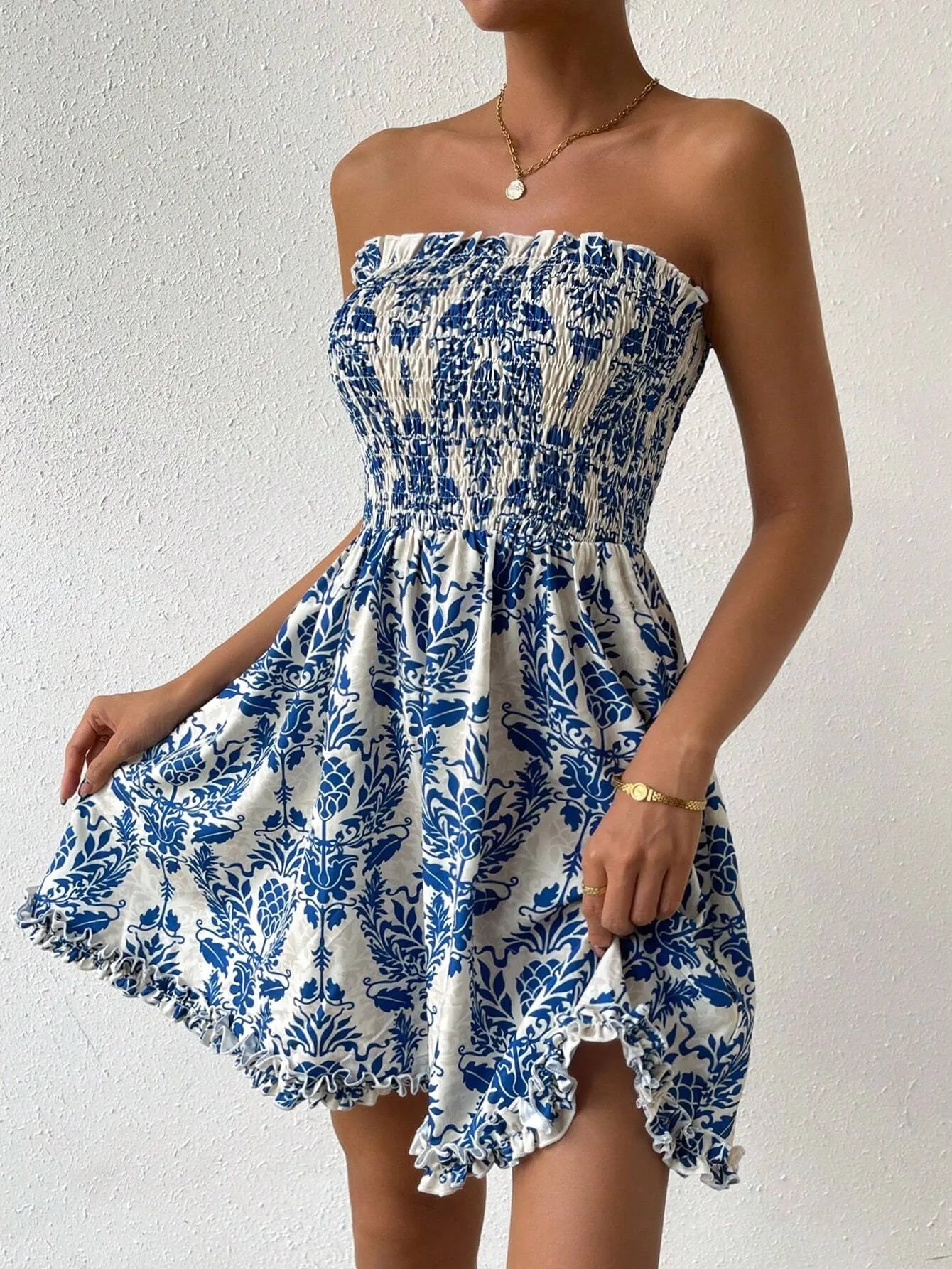 SHEIN VCAY Women's Vintage Printed Holiday Style Bandeau Dress