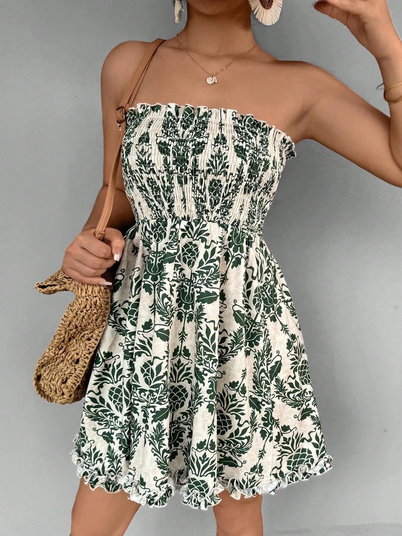 SHEIN VCAY Women's Vintage Printed Holiday Style Bandeau Dress
