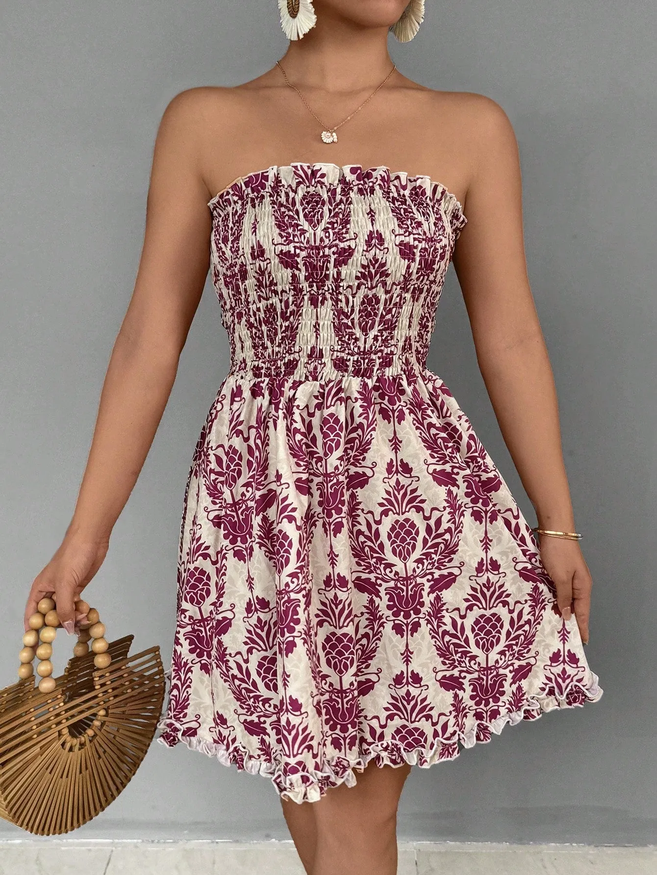 SHEIN VCAY Women's Vintage Printed Holiday Style Bandeau Dress