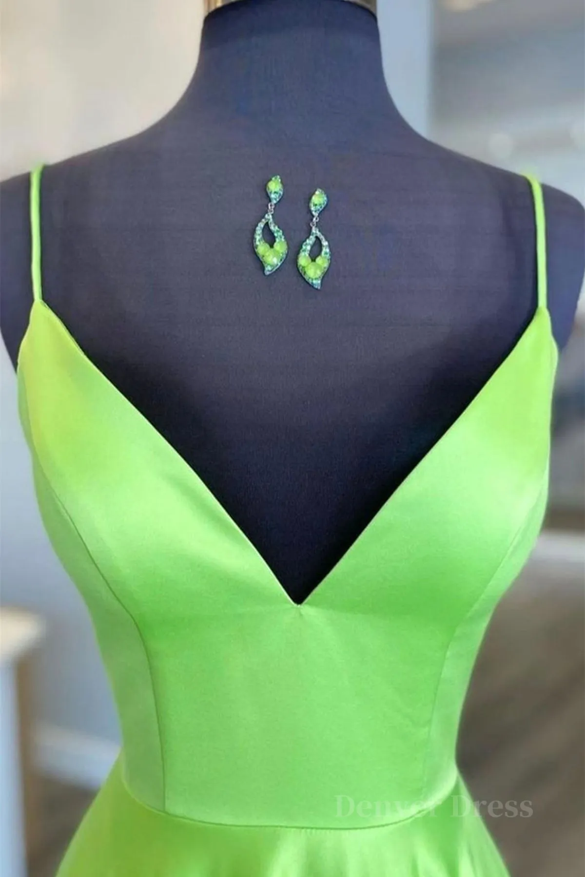 Simple A Line V Neck Green Satin Long Prom Dress V Neck Green Formal Graduation Evening Dress