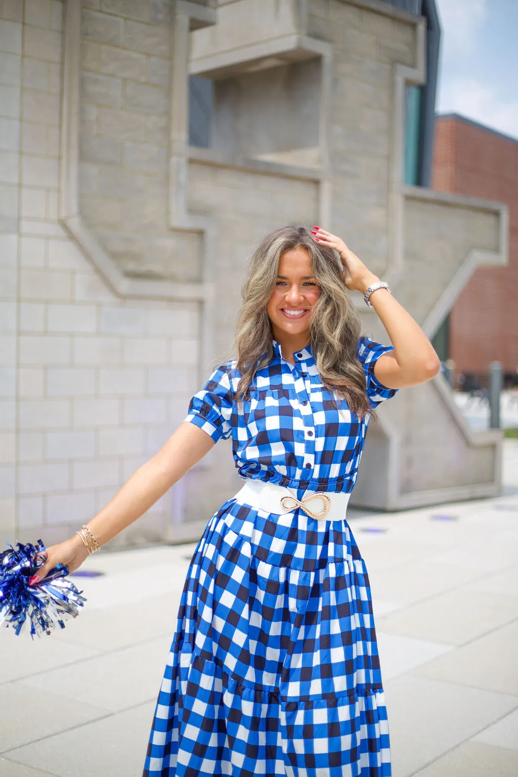 Sleek Stand-Collar Checked Colour-Block Dress | Blue