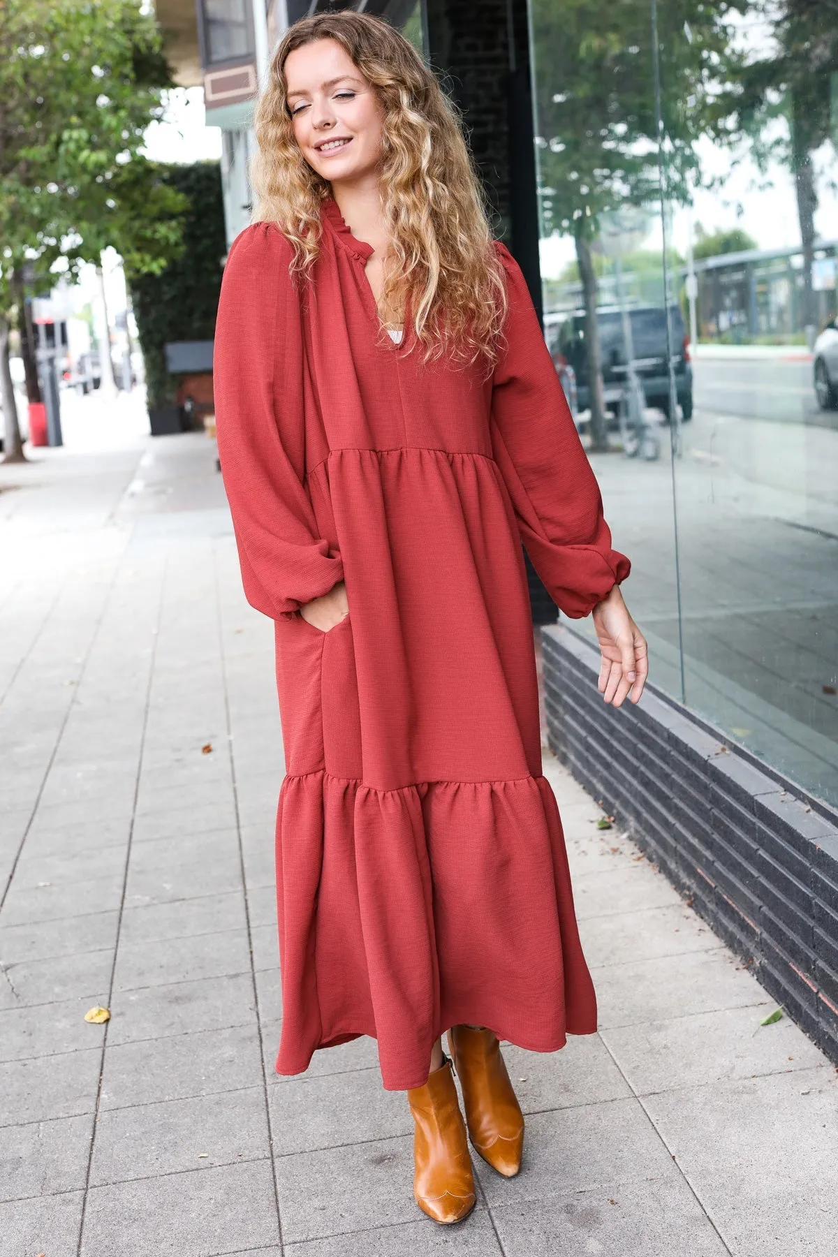 Spice Notched Neck Frill Hem Tiered Maxi Dress