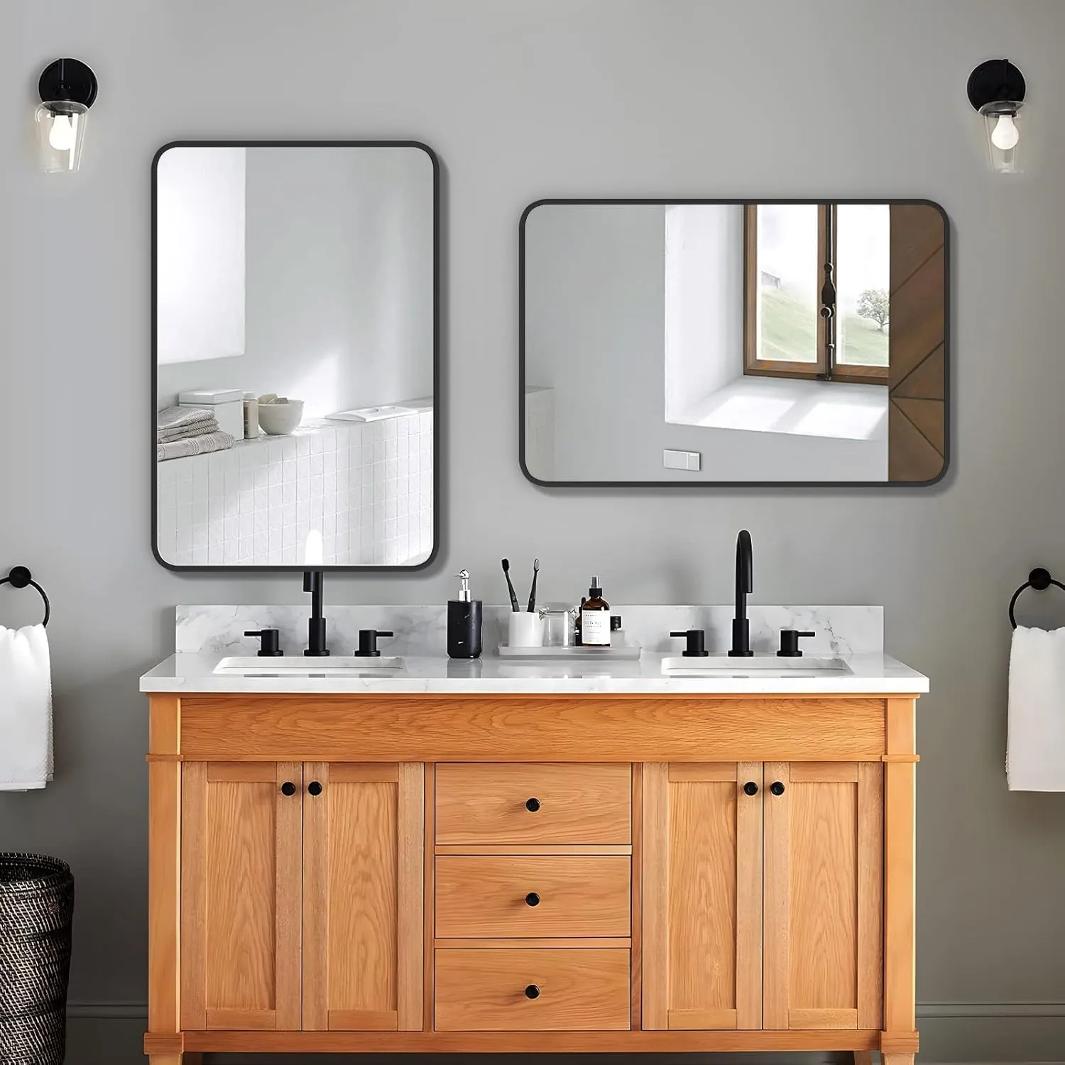 SRA Home Decor Rectangle Decorative Mirror for Wall Matte Black Frame with Silver Coated Glass Mirror for Bathroom, Living Room, Bedroom - Premium Metal (Matte Black, 30x24 Inches)