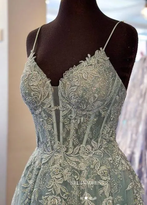 Straps Sparkly Tulle Lace Long Prom Dress with Slit sew1035