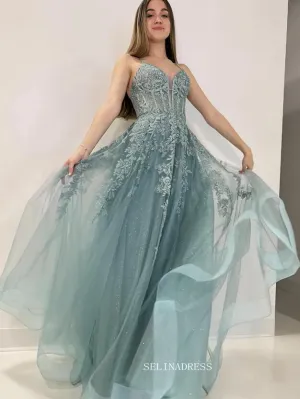 Straps Sparkly Tulle Lace Long Prom Dress with Slit sew1035