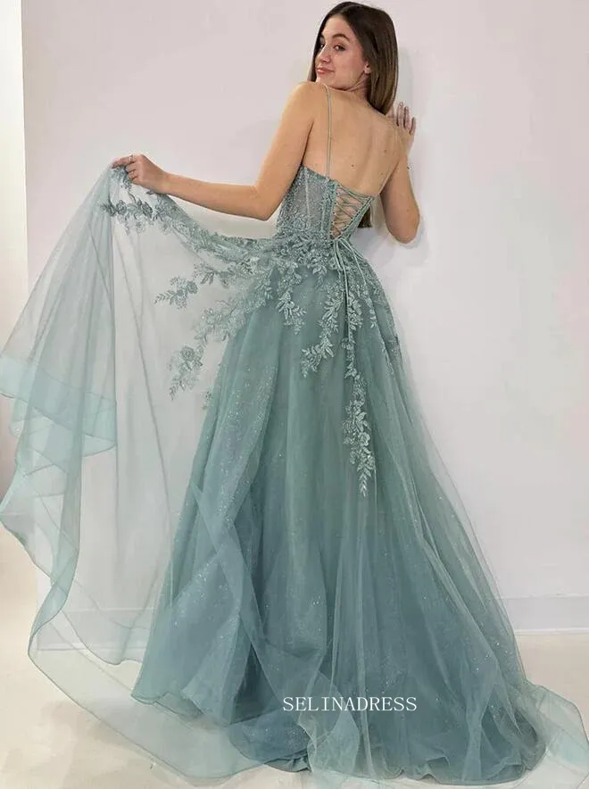 Straps Sparkly Tulle Lace Long Prom Dress with Slit sew1035