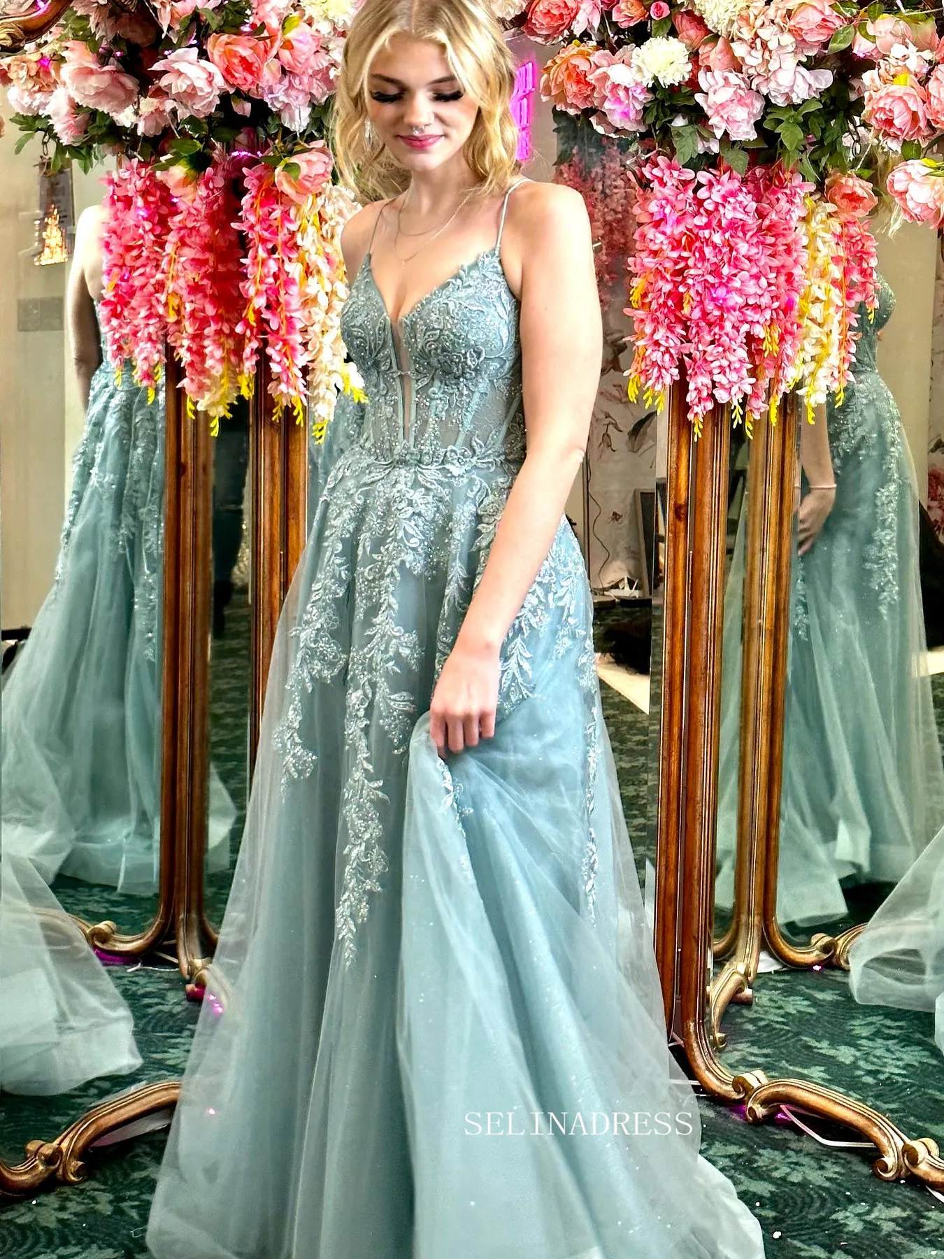 Straps Sparkly Tulle Lace Long Prom Dress with Slit sew1035
