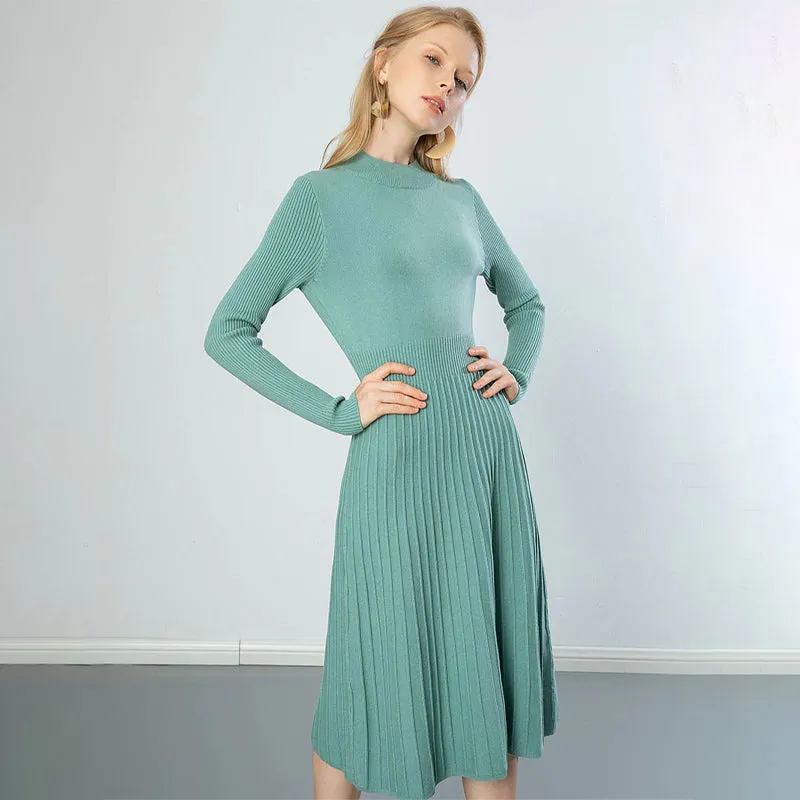 Stretchy Pleated A-Line Long Sleeve Maxi Dresses
