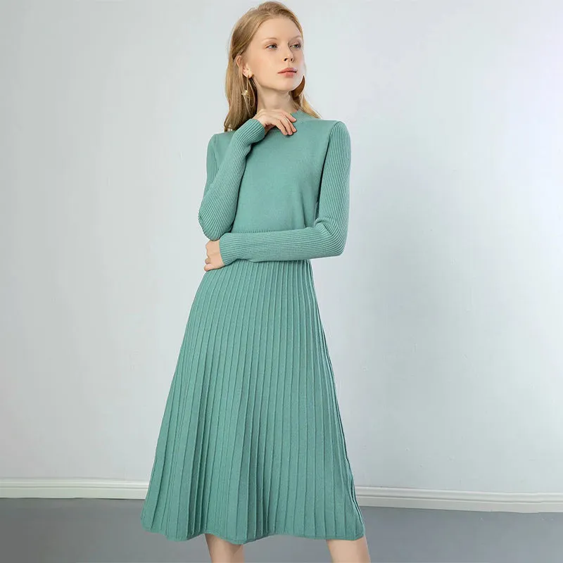 Stretchy Pleated A-Line Long Sleeve Maxi Dresses