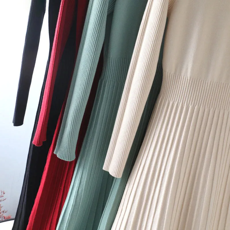 Stretchy Pleated A-Line Long Sleeve Maxi Dresses