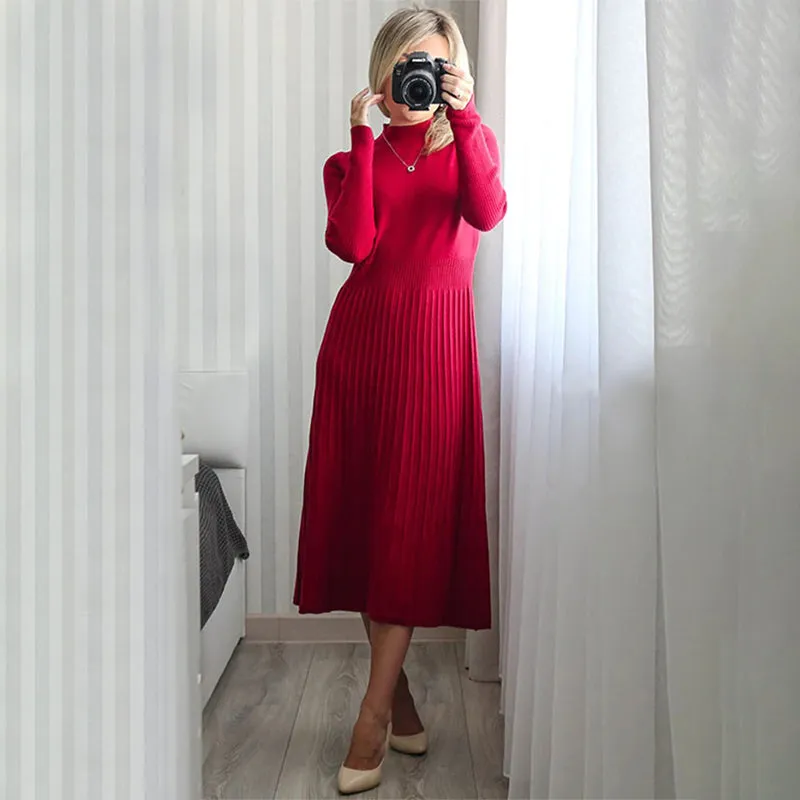 Stretchy Pleated A-Line Long Sleeve Maxi Dresses