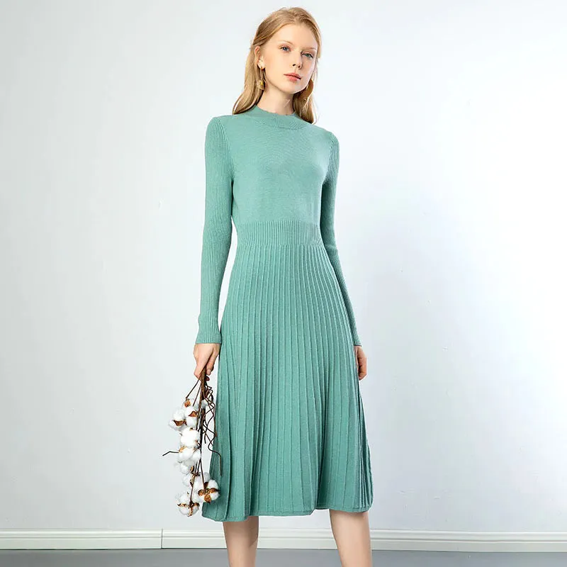 Stretchy Pleated A-Line Long Sleeve Maxi Dresses