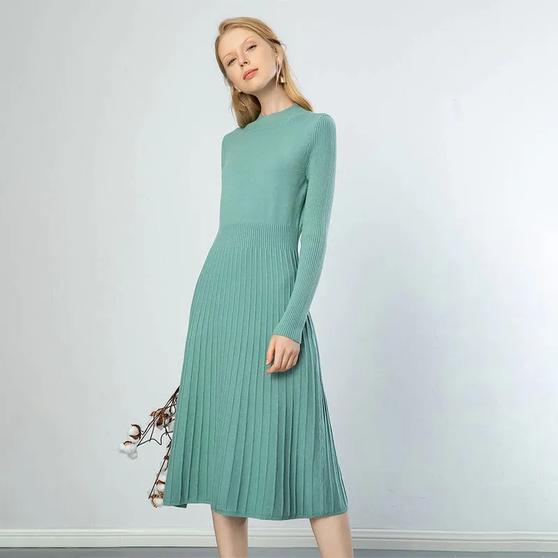 Stretchy Pleated A-Line Long Sleeve Maxi Dresses