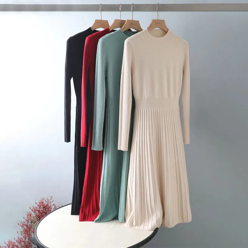 Stretchy Pleated A-Line Long Sleeve Maxi Dresses