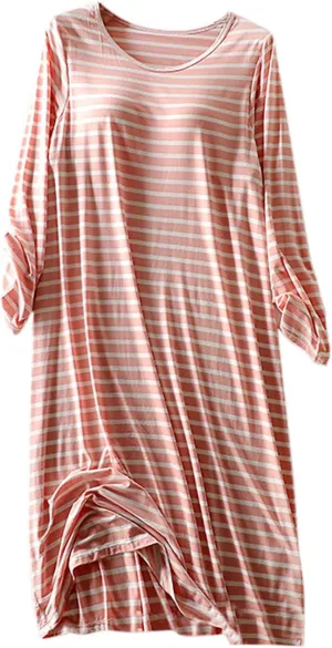 Striped Nightgowns for Women Long Sleeve Casual Sleepwear with Built in Bra Crewneck Nightdress Comfy House Dress