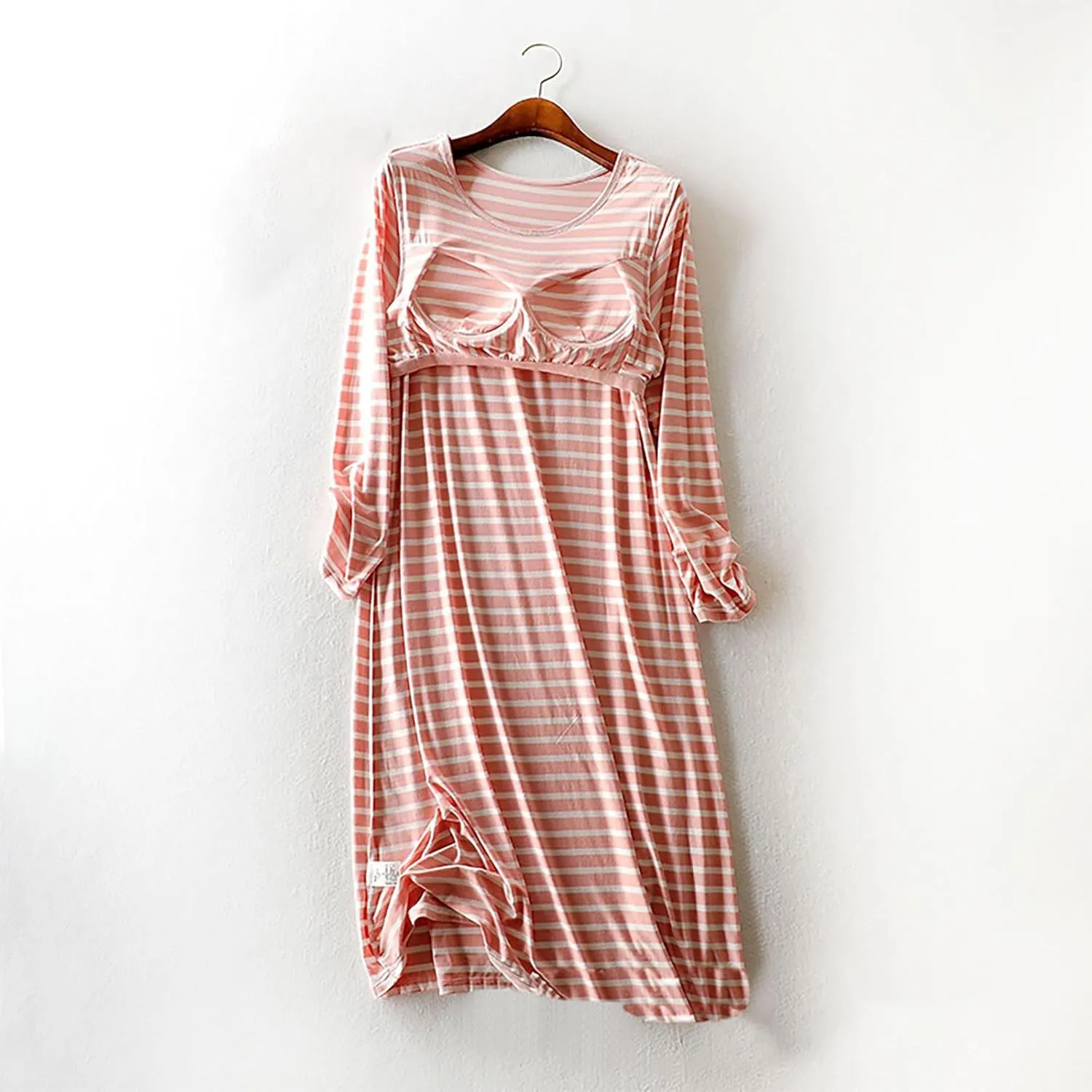 Striped Nightgowns for Women Long Sleeve Casual Sleepwear with Built in Bra Crewneck Nightdress Comfy House Dress