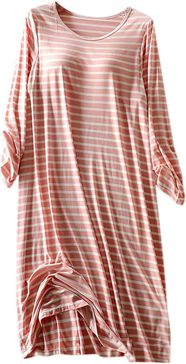 Striped Nightgowns for Women Long Sleeve Casual Sleepwear with Built in Bra Crewneck Nightdress Comfy House Dress