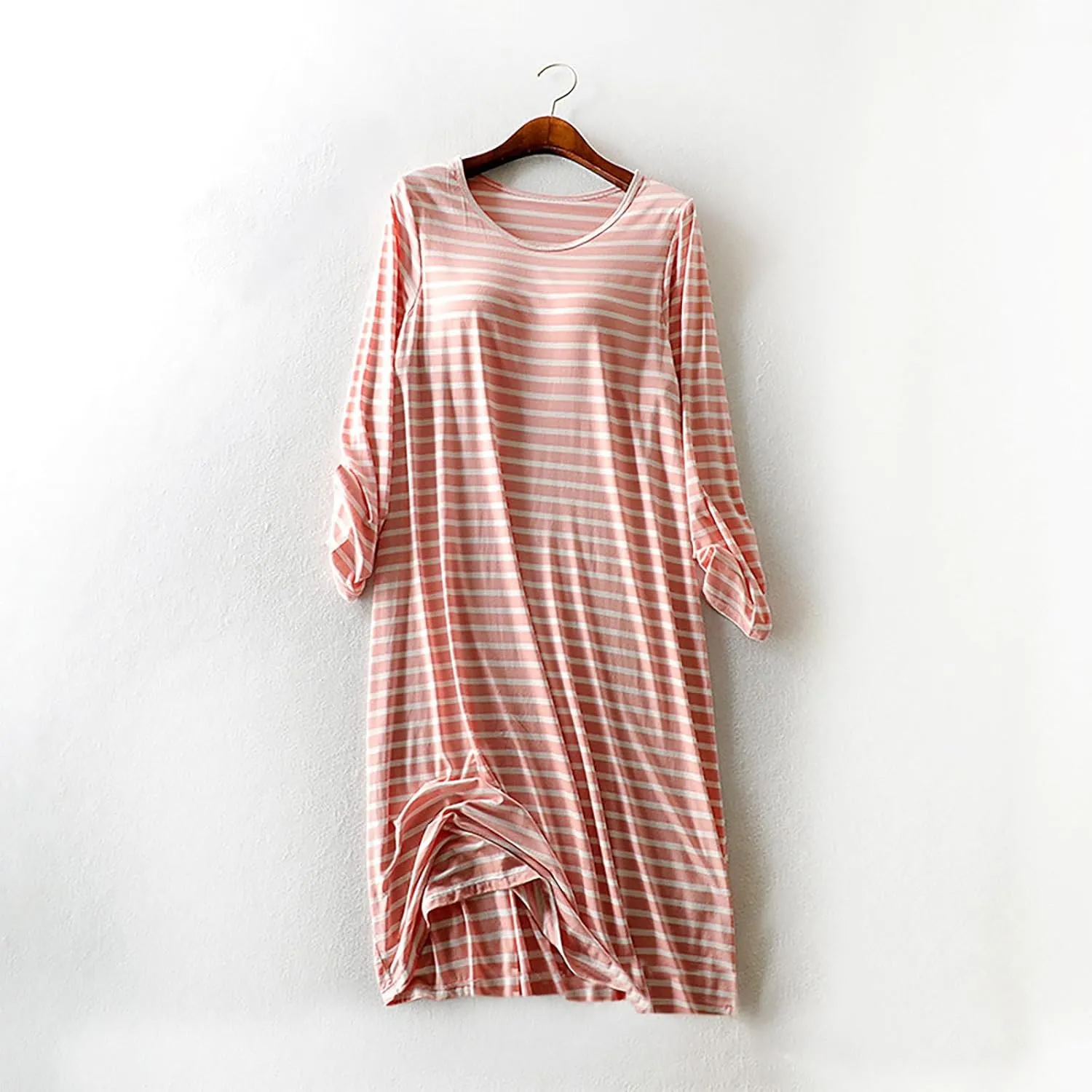 Striped Nightgowns for Women Long Sleeve Casual Sleepwear with Built in Bra Crewneck Nightdress Comfy House Dress