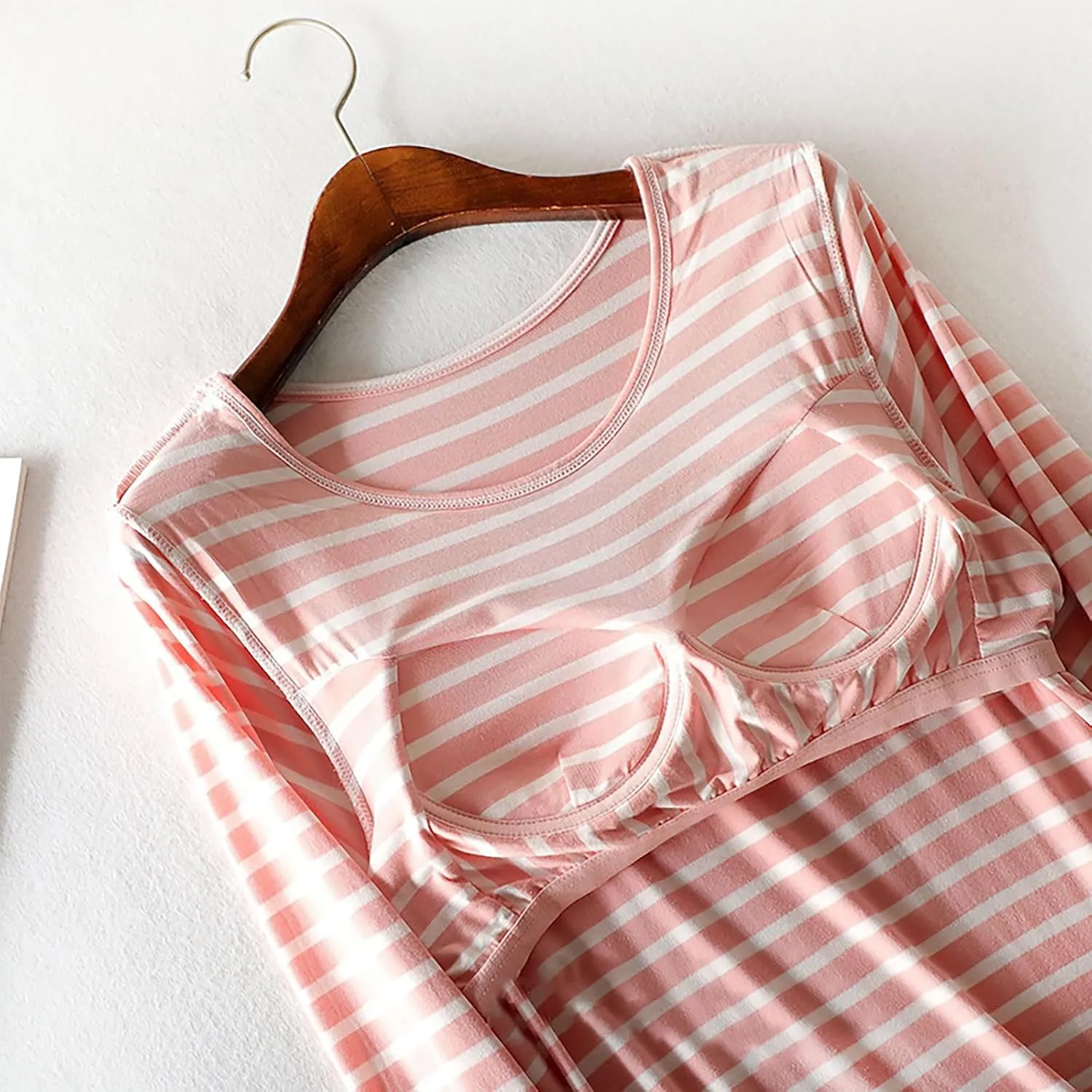 Striped Nightgowns for Women Long Sleeve Casual Sleepwear with Built in Bra Crewneck Nightdress Comfy House Dress