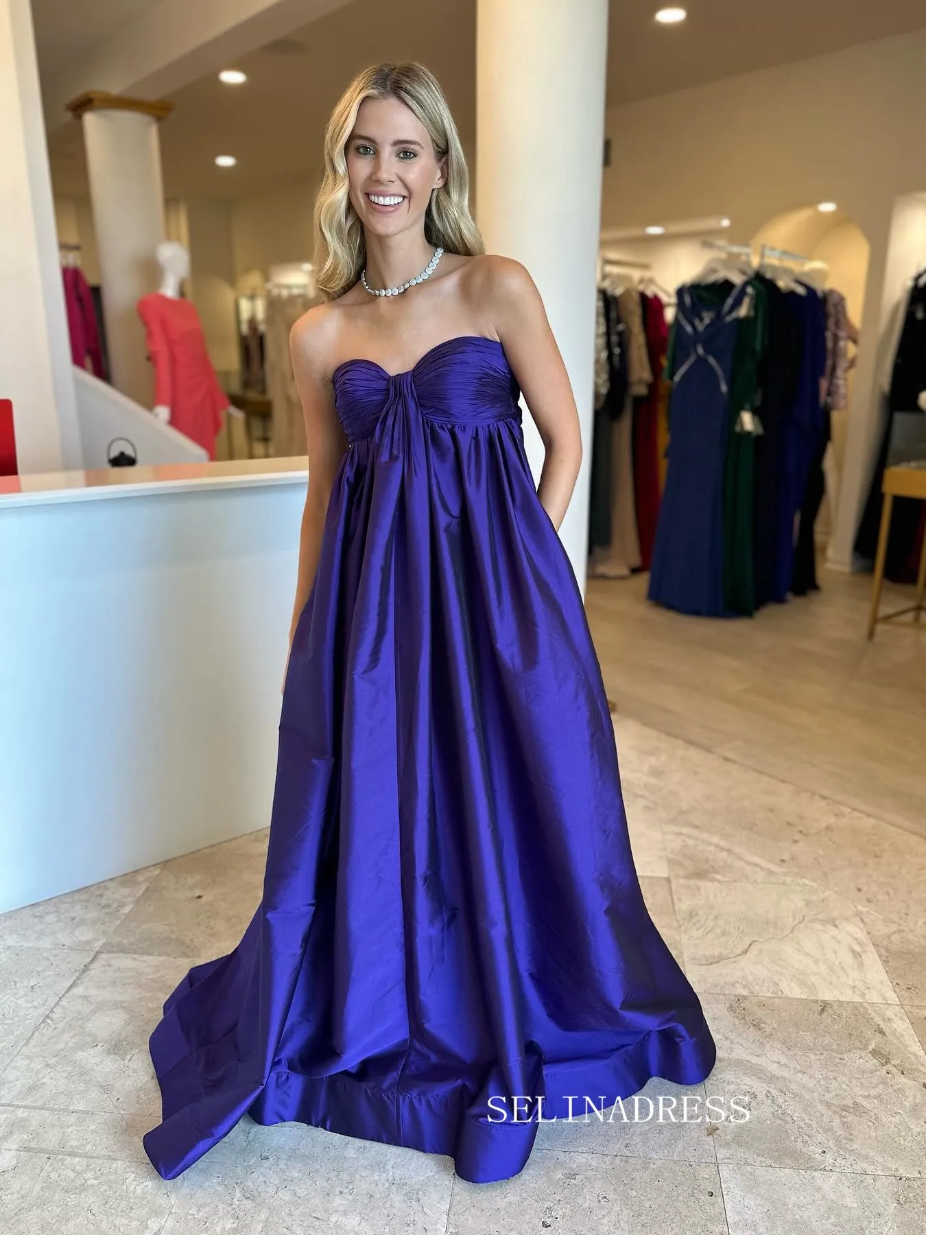 Sweetheart Neck Strapless Tafetta Prom Dress Evening Dress With Puff Sleeve sew1079