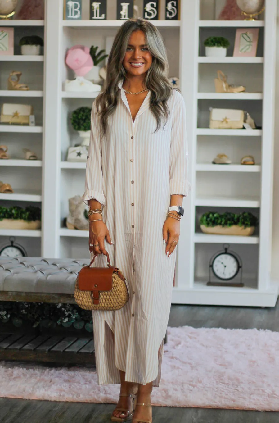 Tan Striped Button Down Dress