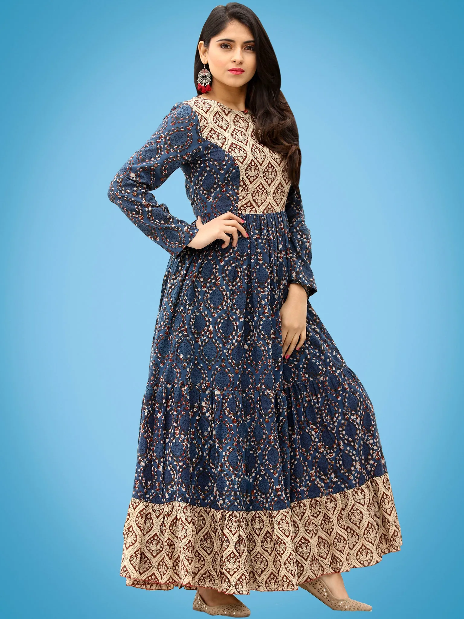 Taraab - Long Hand Block Printed Cotton Tier Dress - D139F1728