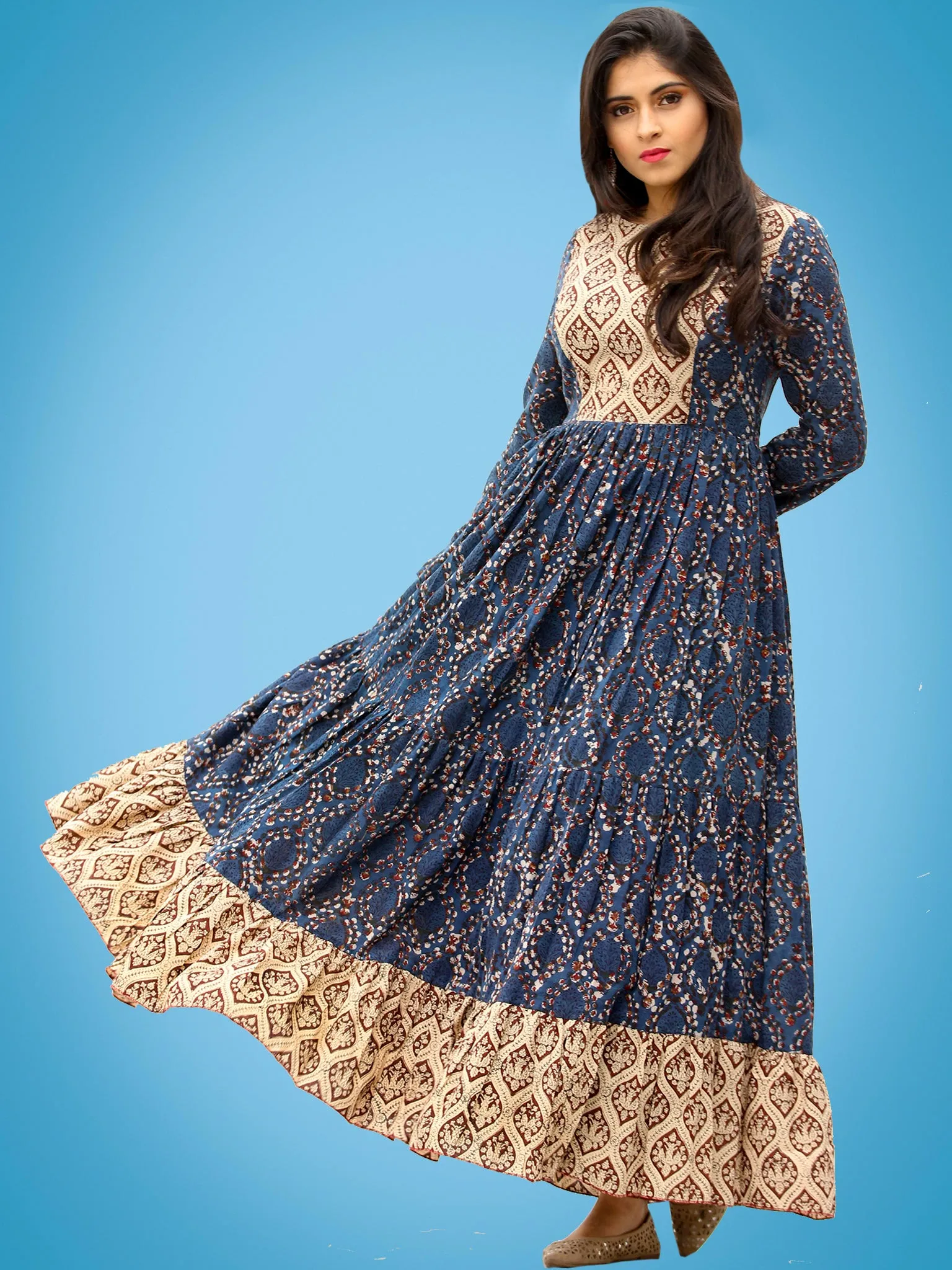 Taraab - Long Hand Block Printed Cotton Tier Dress - D139F1728