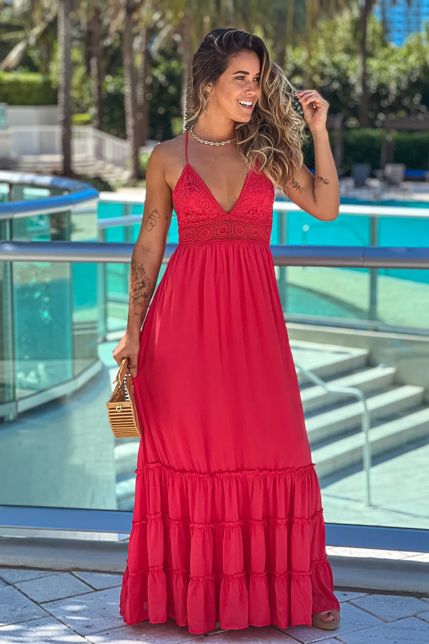Tomato Red Crochet Top Maxi Dress With Tie Back