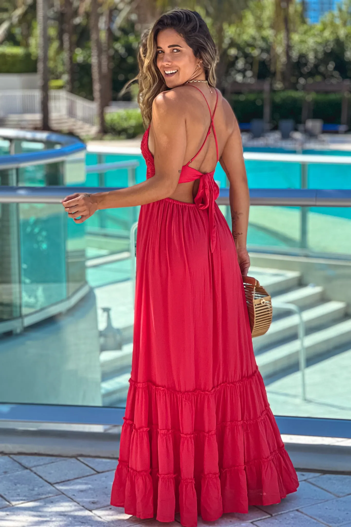 Tomato Red Crochet Top Maxi Dress With Tie Back