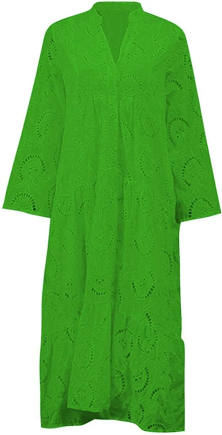utcoco Womens Lace Embroidered Eyelet Maxi Dresses 3/4 Trumpet Sleeve Button V Neck Flowy Swing Hem Tiered A Line Dress