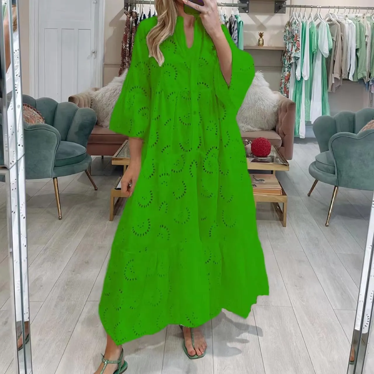 utcoco Womens Lace Embroidered Eyelet Maxi Dresses 3/4 Trumpet Sleeve Button V Neck Flowy Swing Hem Tiered A Line Dress