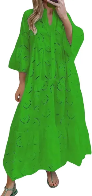 utcoco Womens Lace Embroidered Eyelet Maxi Dresses 3/4 Trumpet Sleeve Button V Neck Flowy Swing Hem Tiered A Line Dress