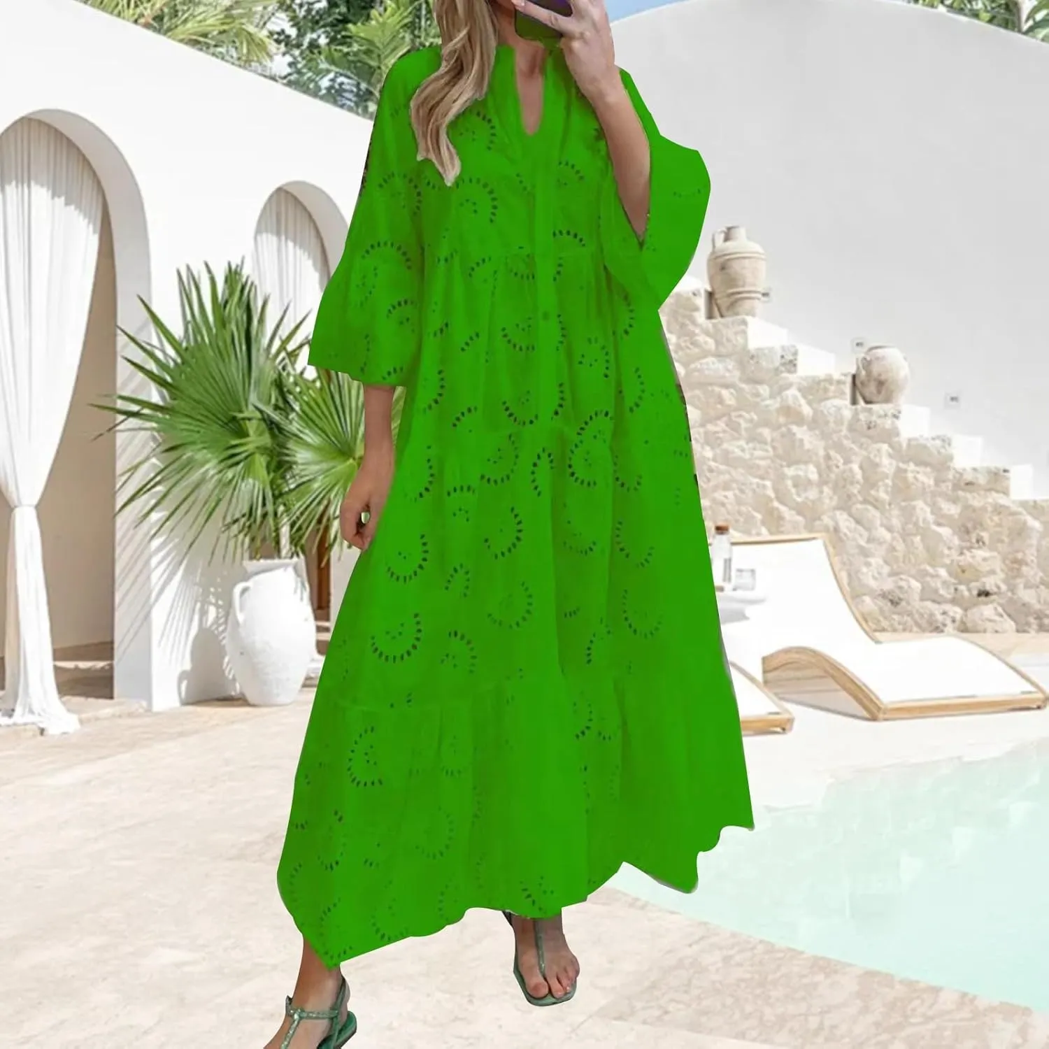 utcoco Womens Lace Embroidered Eyelet Maxi Dresses 3/4 Trumpet Sleeve Button V Neck Flowy Swing Hem Tiered A Line Dress
