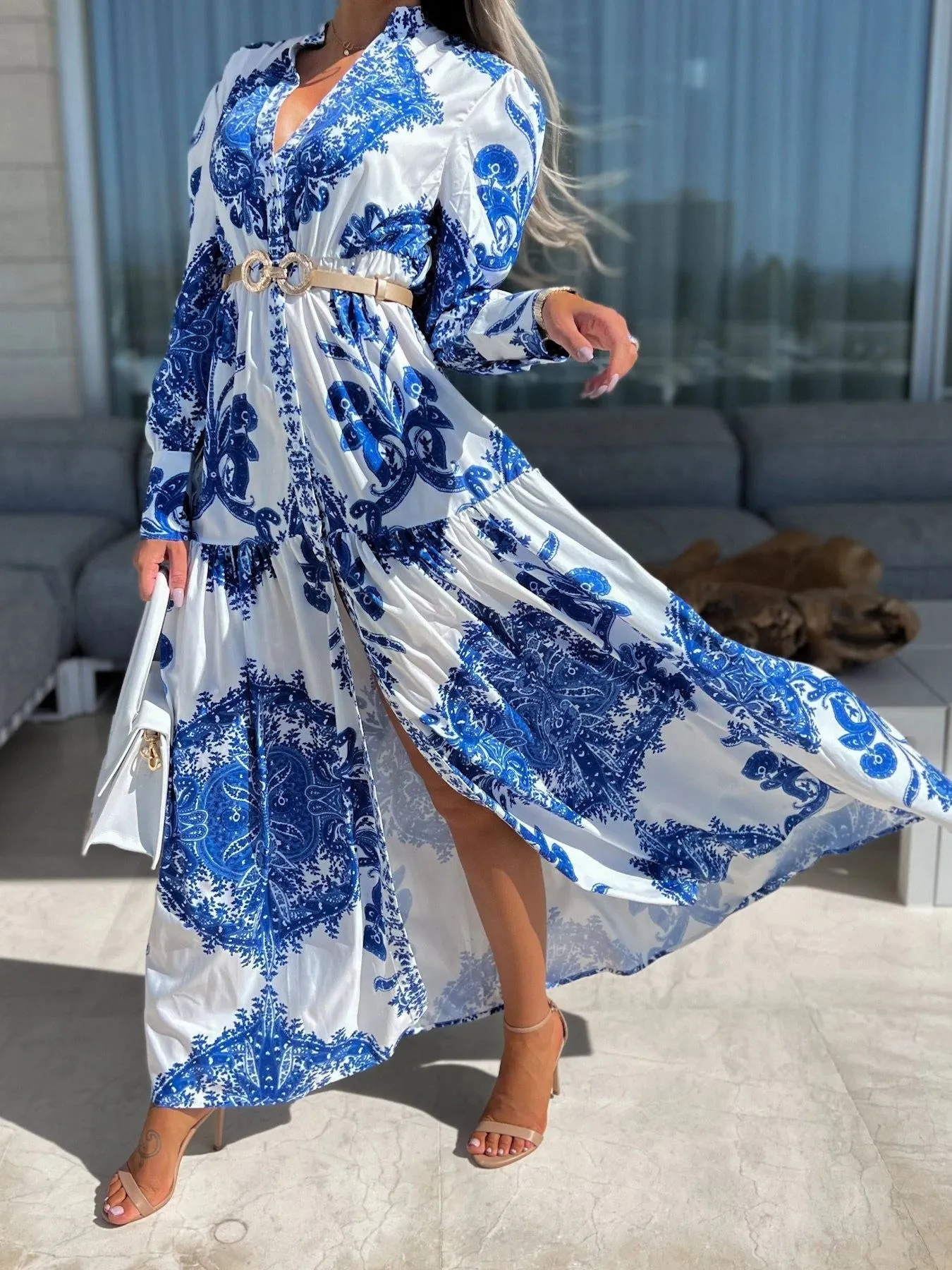 Vintage Print Long Sleeve Slit Dress