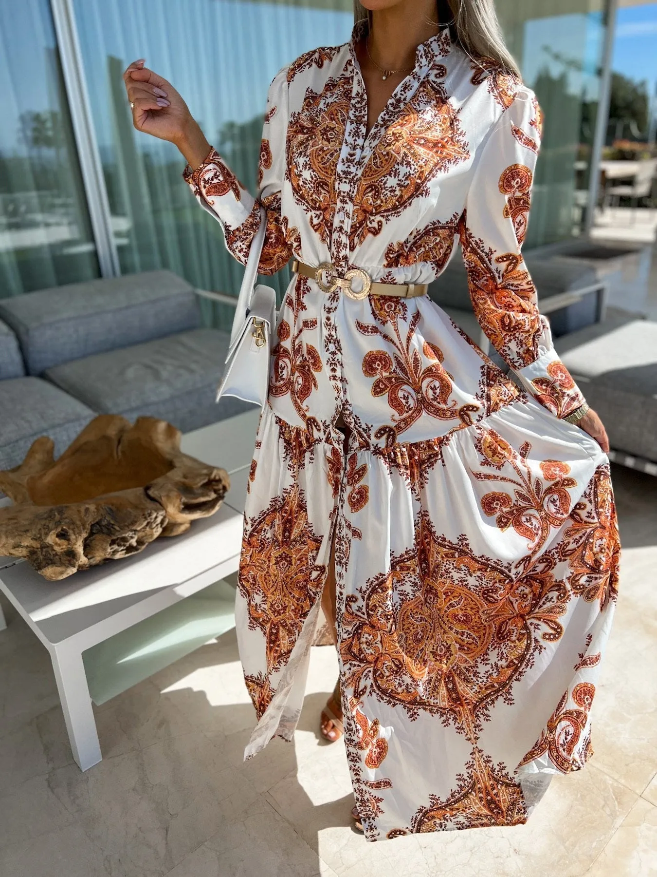 Vintage Print Long Sleeve Slit Dress