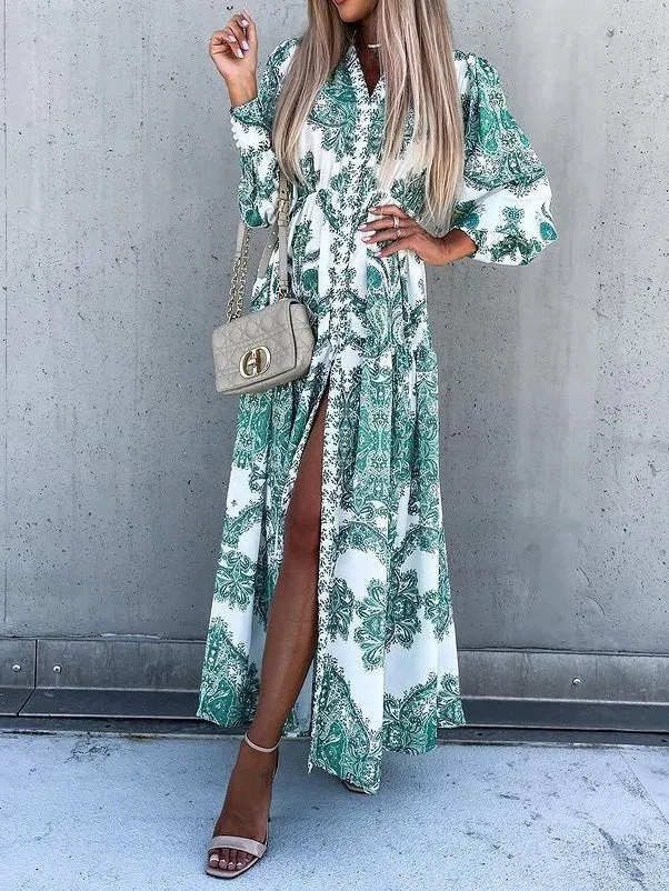 Vintage Print Long Sleeve Slit Dress