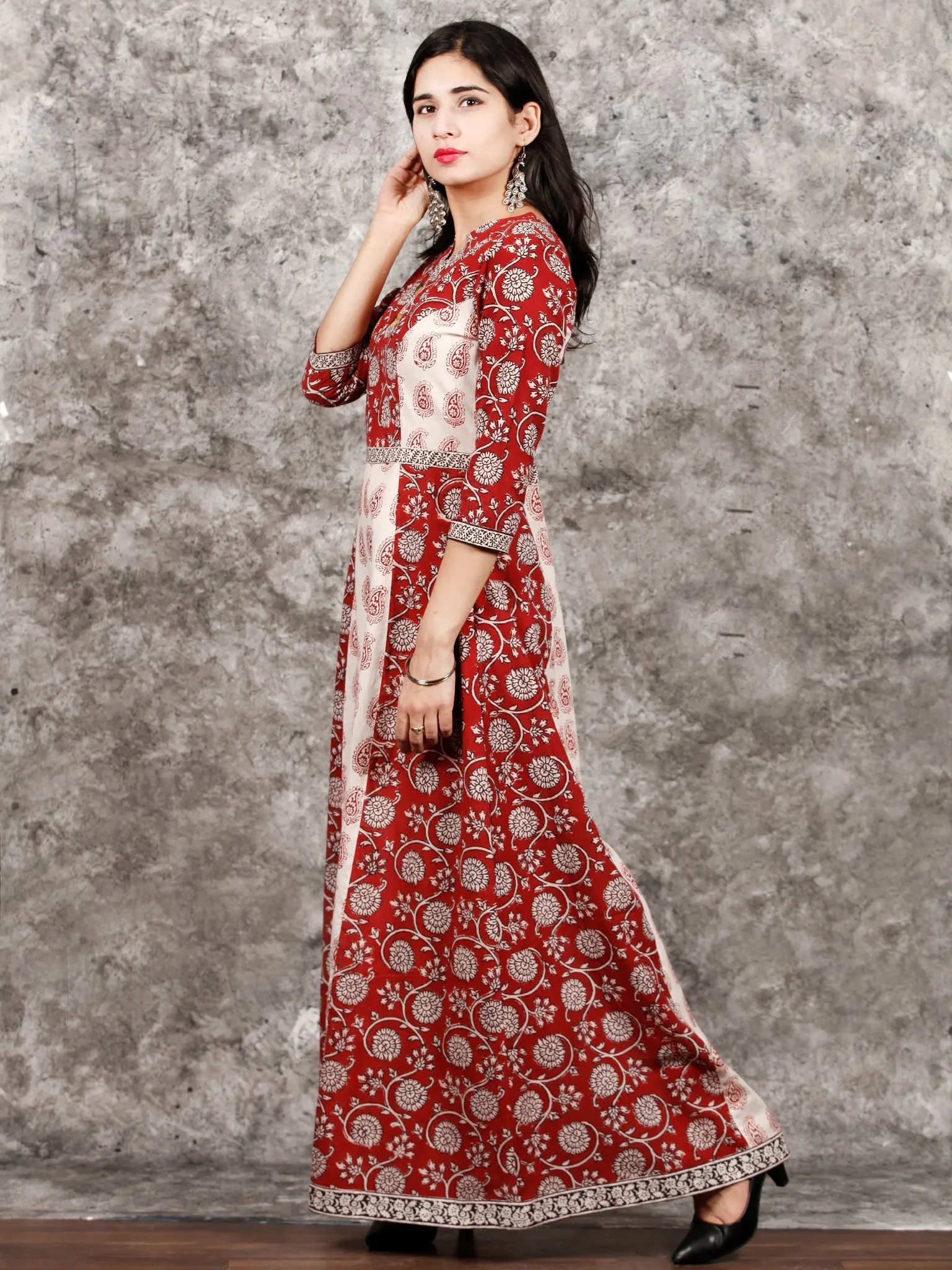 White Red Black Bagh Printed Asymmetric Panel Cotton Long Dress  - D309F1714